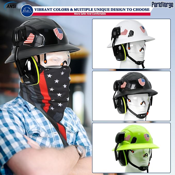 Full Brim Hard Hats Construction OSHA Approved with Visor-Vented Hard Hat with Neck Gaiter with Ear Loops,Safety Hard Hats for Men with Chin Strap ANSI Z89.1 Type 1 Class C,6-pt Suspension