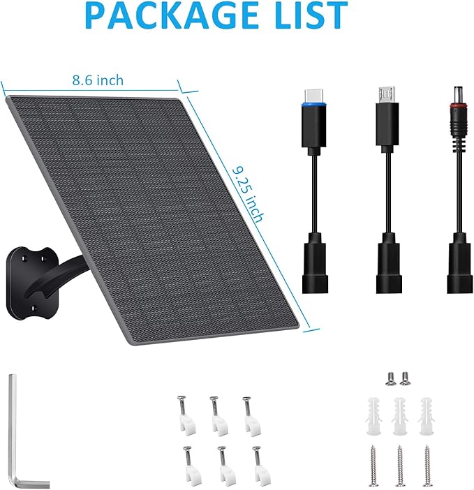Zivif USB C Solar Panel for Security Cameras, 10W Solar Charger with USB-C Cable, DC 5.5x2.1mm & Micro USB Port, IP66 Waterproof with Adjustable Mount & 10FT Cable