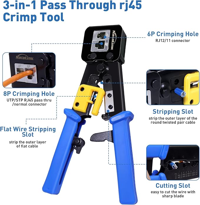 Pass Through RJ45 Crimp Tool Cat 6 Cat 5E Cat 5 Ethernet Crimper All-in-One RJ45 Crimping Tool with 30 Pcs Cat6 RJ45 Pass Thru Connector and Replacement Blade