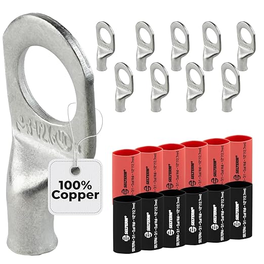 SELTERM 10pcs - 8 Awg - 1/2" Stud - Battery Lugs - Ring Terminal Connectors | with 12pcs 3:1 Black & Red Heat Shrink Tubing with Adhesive | Heavy Duty Battery Cable Ends - Tinned Copper Wire Lugs Kit