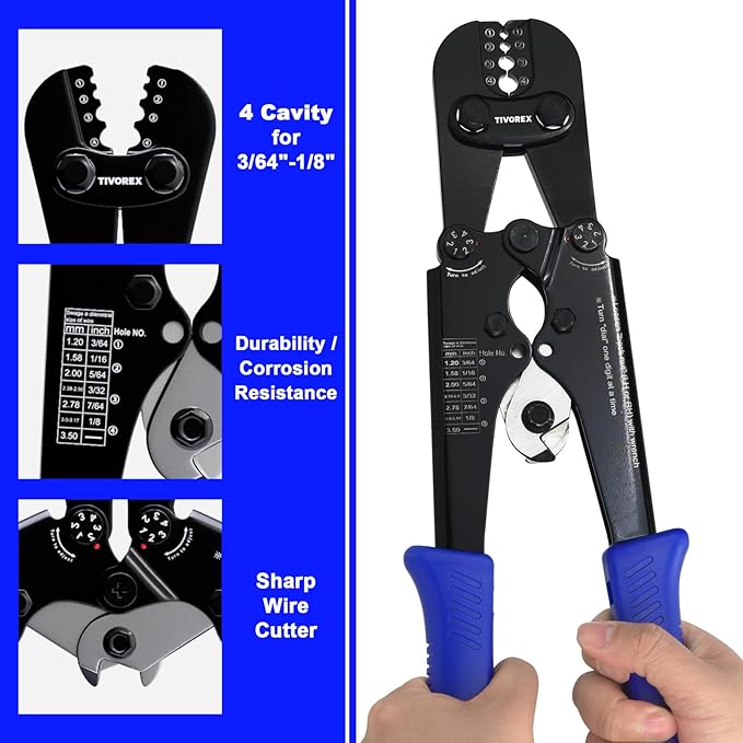 Wire Rope Crimping Tool Kit, Built-in Cutter Swaging Tool, Crimping Loop sleeve from 3/64-inch to 1/8-inch, for Aluminum Oval Sleeves, Double Sleeve