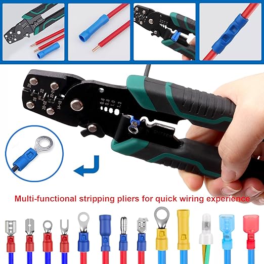 smseace 201pcs Crimping Tool with Fork Spade Connectors 12-Sizes(M3/M4/M5/M6) 22-10AWG Wire Fork Connectors U-Type Terminal Multifunction Wire Crimping Tool