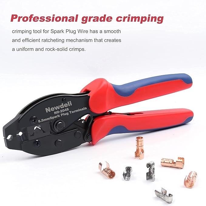 Spark Plug Wire Crimper, Newdeli Crimping Pliers for Spark Plug Stripping Tool, ND-2048 for Crimping and Stripping Spark Plug Wire, Dia 8.0-8.5mm,Ratchet spark plug wire crimping tool