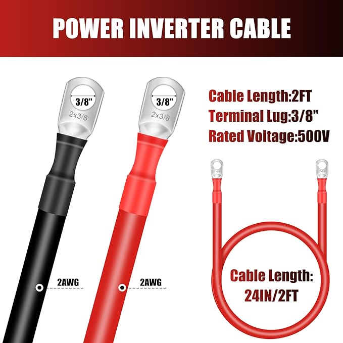 Hoteam 6 Pcs Battery Cable Copper Battery Inverter Cables with Terminals 3/8 Inch Lugs Red and Black Both Ends Power Inverter Wire for Solar Motorcycle Automotive RV Car Boat Marine(2awg,2ft)
