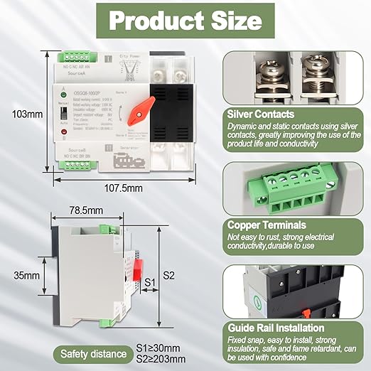 2P 100A Automatic Transfer Switch, AC110V Dual Power Generator ATS Changeover Switch, 50/60Hz DIN Rail Mount Mini ATS for PZ30 Distribution Box, Home, Farm, and Laboratory Backup Power