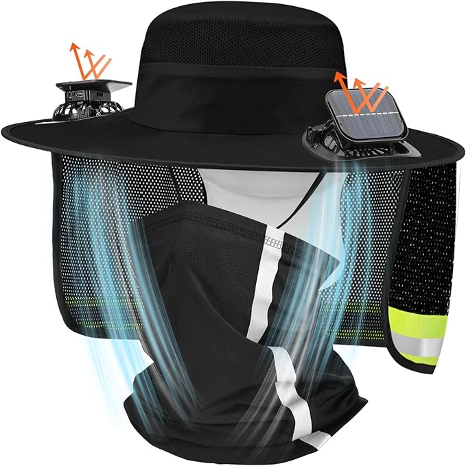 Solar Fan Hat for Men Women Sun Wide Brim Fishing Hat with Dual Power Ice Silk Neck Cover Reflective Design