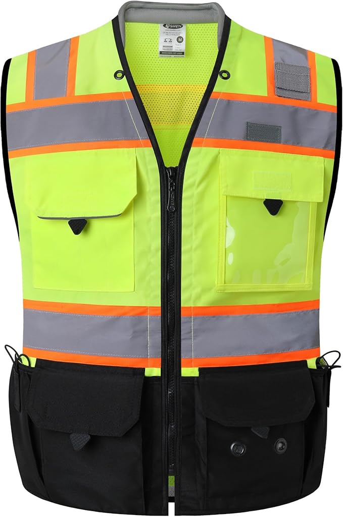 JKSafety Hi-Vis Unisex Surveyor Safety Vest Heavy Duty PPE Inner Pockets ANSI/ISEA Compliant