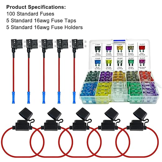 MuHize Standard Inline Fuse Holder, Upgraded 5 Pack 16AWG Fuses Holders, Add-a-Circuit Fuse Taps with 100 Pack Fuses (2A/3A/5A/7.5A/10A/15A/20A/25A/30A/35A) for Car RV