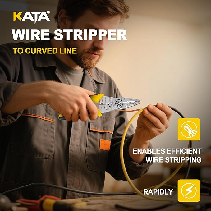 KATA 8-Inch Wire Stripper Tool - Professional Wire Stripping, Cutting & Crimping Pliers for 10-22 AWG Solid & Stranded Wire - Heavy Duty Electrician Hand Tool with Non-Slip Grip