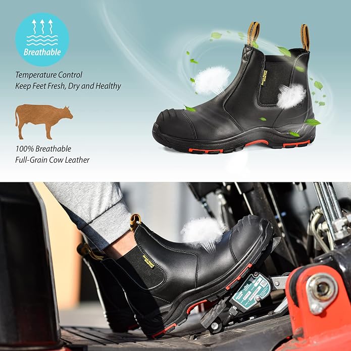 Mens Work Boots Steel Toe Chelsea Safety Boots Cow Leather Waterproof Lightweight Working Shoes