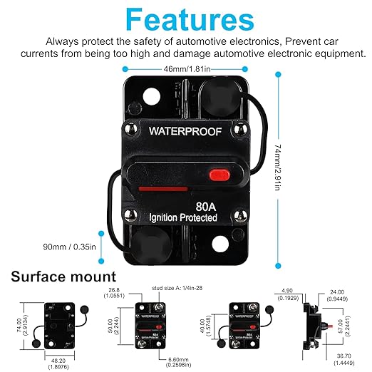 Generic 80 Amp Waterproof Circuit Breaker,Fuse Holder,Audio Circuit Breaker,with Manual Reset,12V-48V DC,30A-300A,for Automotive Marine Boat Audio System Current Overload Protection