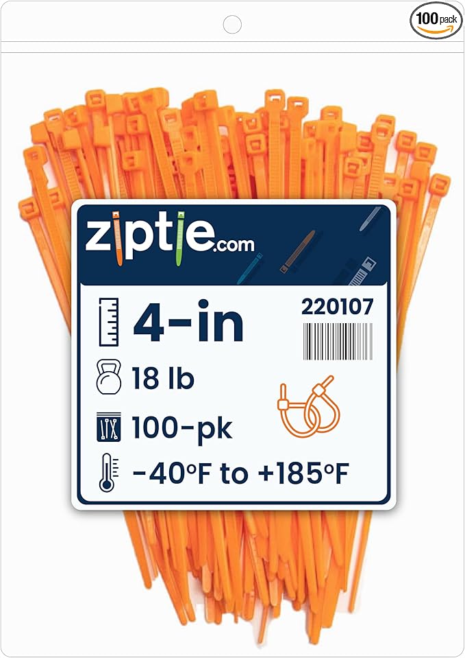 ZipTie.com 4-inch Fluoresent Orange Multi-Purpose Cable Tie, 18-lb Tensile Strength, 100-Pack