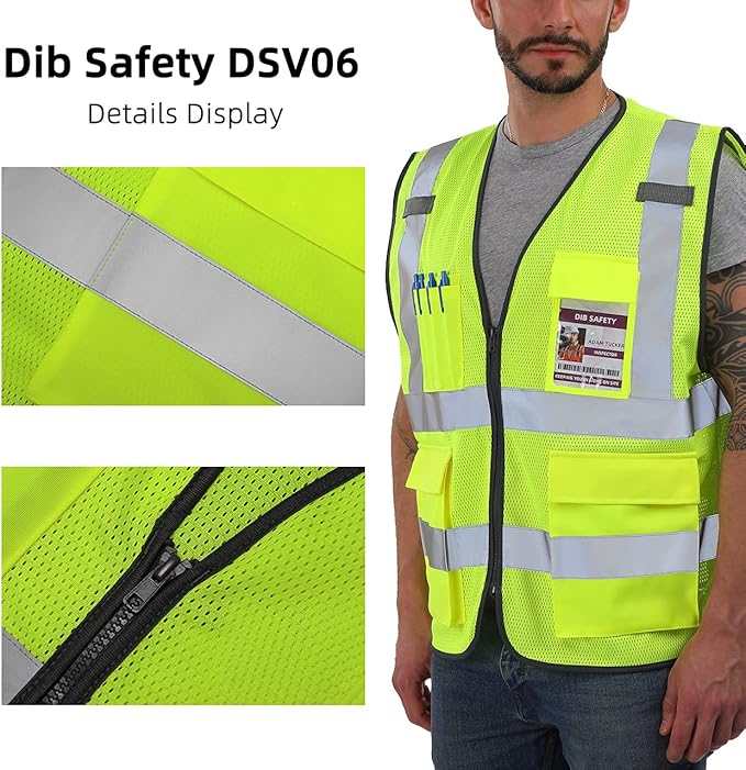 Dib Safety Reflective Vest ANSI Class 2, High Visibility Vest with Pockets and Zipper, Construction Work, Hi Vis
