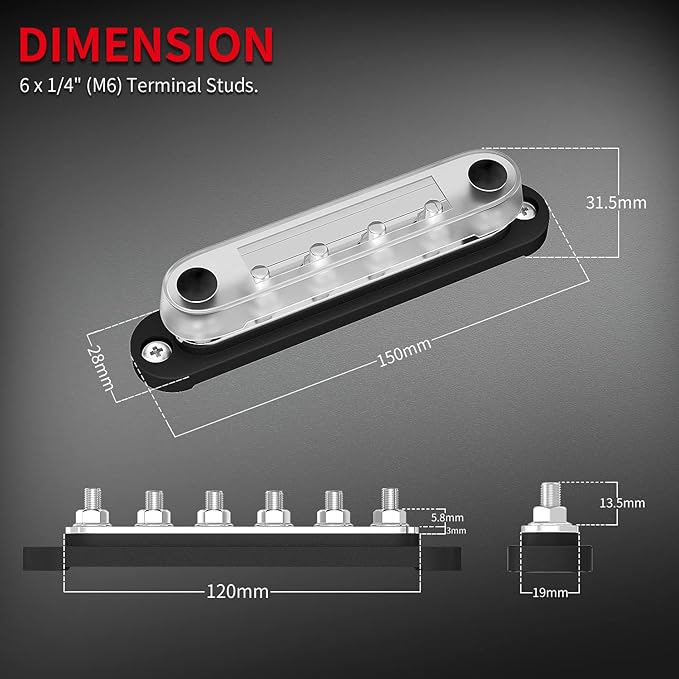 DAIERTEK Marine Bus Bar 12V 6 x 1/4" (M6) Terminal Studs 12 Volt Bus Bar Power Distribution Block with Cover Max 300V AC 48V DC Positive & Negative Battery Terminal Block for Automotive Car Boat