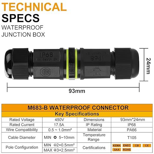 IP68 Waterproof Junction Box Outdoor 2way 3Pin (AC450v,17.5A) M18 Wire Range(5-10mm) Electrical Cable Connector,Suitable for Repair and Extend Power Cables,UL 1Pack