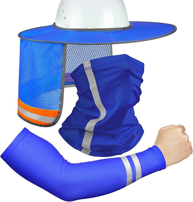 SATINIOR 3 Pcs Sun Hard Hat Neck Protection High Visibility Full Brim Mesh Sun Protection Bandana Headband Arm Sleeves with Reflective Strap for Construction Helmet Hard Hat(Blue)
