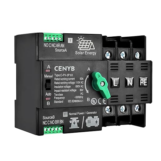 PV - Dedicated Automatic/Manual Transfer Switch Mini ATS Solar Auto Dual Power Switch 3P 63A AC110V Uninterrupted Power Supply DIN Rail Mount Toggle Changeover Module