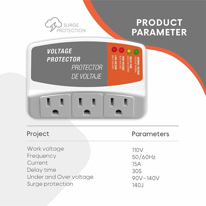 Surge Protector for Refrigerator with 3 Outlets Wall Socket Over/Under Voltage Protection for Home Appliances, 140J Surge Protection for Air Conditioner/TV/PC 120V 15A 1800W