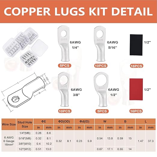 6 AWG Tinned Copper Ring Terminal Kit (62 Pcs) - 30 Battery Lugs (1/4", 5/16", 3/8", 1/2") with 32 Heat Shrink Tubes for 6 Gauge Wire in Automotive, Solar, Marine, RV Applications
