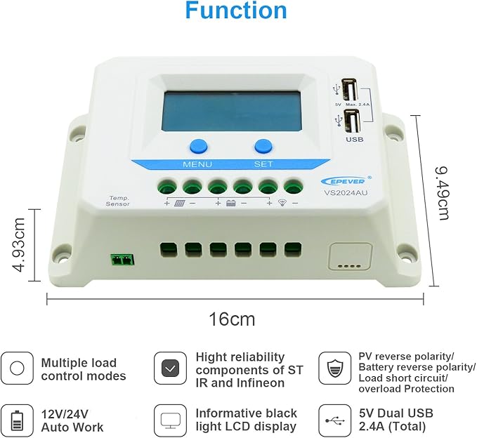 EPEVER Solar Charge Controller 20A with Dual USB Ports VS2024AU PWM Charging 12V/24V Auto Work Solar Panel Battery Charging Regulator with LCD Display (20A)