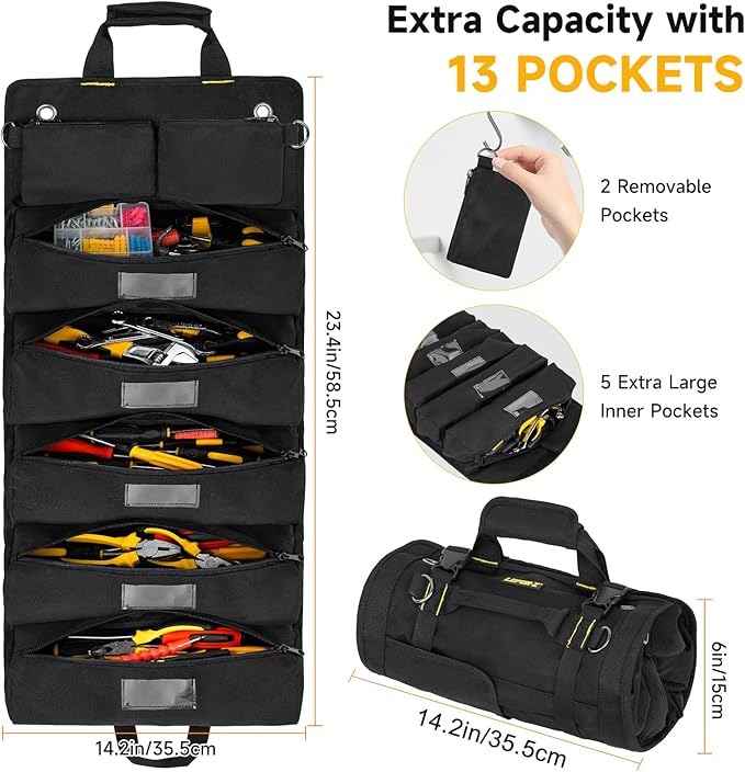 Tool Bag,Large Roll Up Tool Bag Organizer,13 Pockets Tool Roll Storage Pouch,Heavy Duty Portable Tool Storage Carrier Bag for Men,Mechanic,Electrician,Valentines Day Gifts for Men,Black