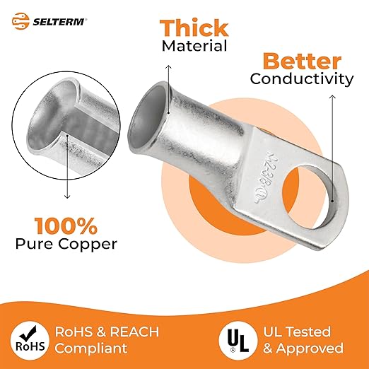 SELTERM 25pcs 2 AWG 3/8" Stud Marine Grade Tinned Copper Battery Cable Lugs, 2 Gauge Ring Terminals, UL Wire Lugs Electrical Battery Cable Ends, Tinned Copper Lugs Battery Terminal Connectors
