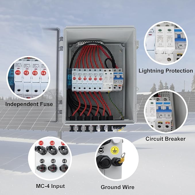 Solar PV Combiner Box, Transparent DC Combiner Box - 6-in-1 Design with IP65 Rating, 550V DC Breaker, and Advanced Lightning Protection for Residential and Commercial Solar Systems