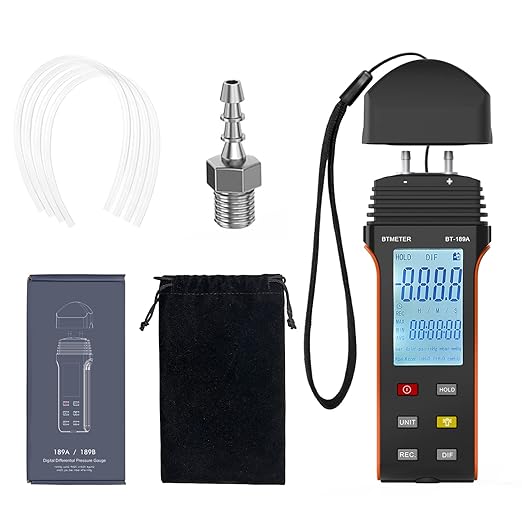 BTMETER Manometer HVAC Gas Pressure Tester 189A, Dual-Port Air Pressure Meter Gauge with Hose Kit Measure Static Pressure Differential Gas Pressure for Furnace Water Column