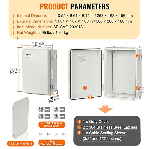 VEVOR Weather-Resistant Junction Box, Dimensions: 11.81 x 7.87 x 7.08 inches, Crafted from Durable ABS Plastic with a Secure Hinged Lid and Stainless Steel Lock, IP67 Rated for Superior Dust and Wa