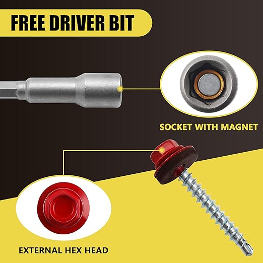 250pcs #10 x 1-1/2" Red Hex Head Self-Drilling Metal Roofing Screws, EPDM Washer, Colored Head, Wood Screws, Sheet Metal Roof Screw with Hex Driver Bit (Red, 1-1/2 in)