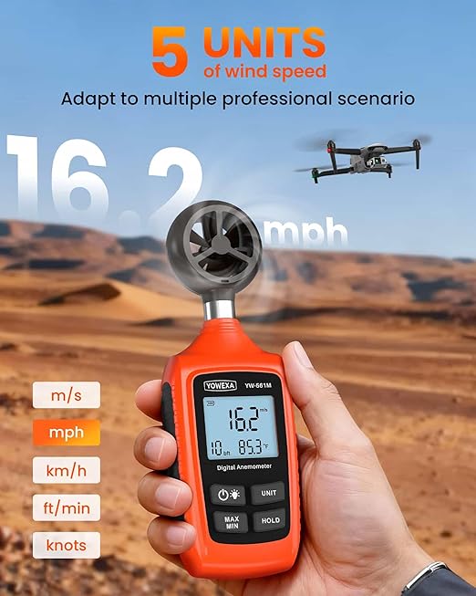Digital Anemometer, YOWEXA Portable Wind Speed Meter with Backlight Screen, Air Flow Tester Supports Wind Chill Alert, Wind Checkers for Hunting HVAC Drone Sailing Golf Shooting