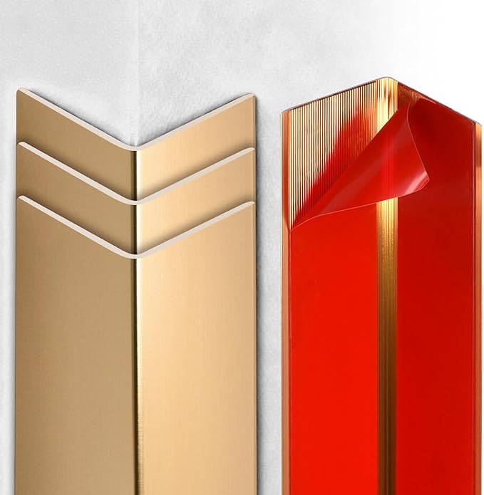 Raytano 4Pcs 45" L ×1" W Self Adhesive Metal Corner Protectors, Modern Aluminum Wall Corner Guards for Wall Door Furniture Cabinet Baseboard Frame Protection and Decoration (Size:45" x 1",Golden)