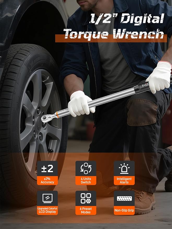 Digital Torque Wrench, 12.54-250.8 Ft.lb /17-340 Nm, 1/2" Drive In Lb Torque Wrench Electronic with Buzzer & LCD Indicator, Torque Wrench Set for Cars Automotive