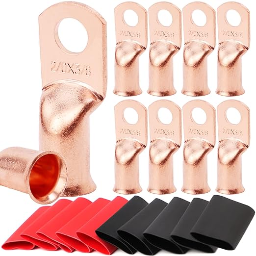 TKDMR 10pcs 2/0 AWG-3/8 Battery Lugs,Heavy Duty Wire Lugs,Ring Terminals,Battery Cable Ends,0 Guage terminals,Battery Terminal Connectors with 10pcs 3:1 Heat Shrink Tubing