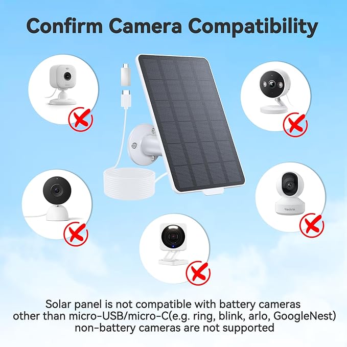 3W Solar Panel for Battery-Powered Security Cameras,USB-C & Micro USB Solar Charger for Wireless Outdoor Cameras,IP65 Waterproof, 9.8ft Cable, 360° Adjustable Mount (White, 2 Pack)