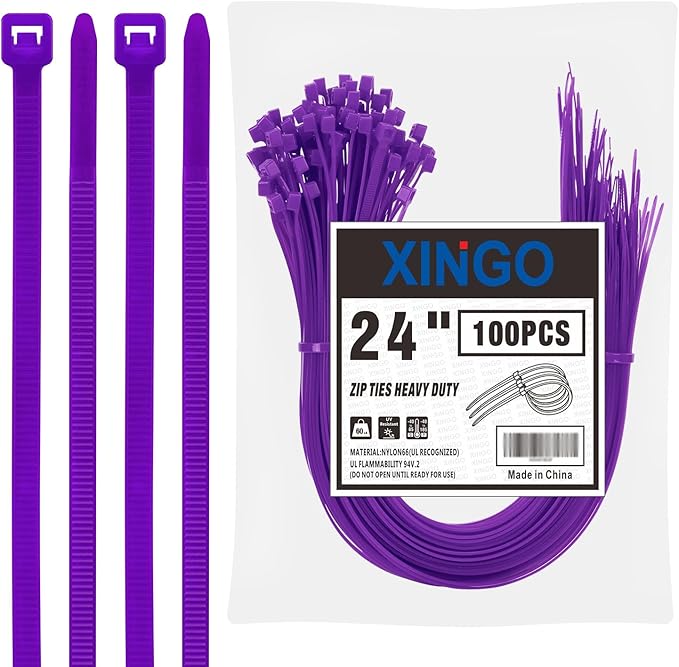 XINGO 24 inch Purple Zip Ties Heavy Duty (100 Pack), 60lb Tensile Strength, UV Resistant Cable Ties for indoor and outdoor use