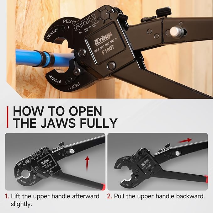 iCrimp Angle Head PEX Crimping Tool Kit for 3/8,1/2,3/4,1-inch with Copper Ring Removal Tool, Pex Pipe Cutter and Gauge, Meets ASTM F1807 Standard, Suitable for Tight Spaces