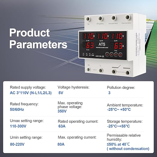 4P 63A 110V ATS Automatic Transfer Switch - L1 Priority Phase Selector, 50/60Hz, Din Rail Mount, CE Certified for Public, Inverter, Generator Use