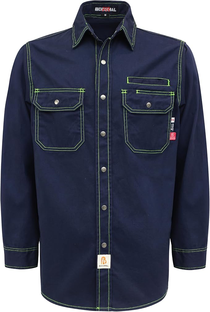 BOCOMAL FR Shirts for Men Snaps Down 7.5oz Water Repellent Fire Resistant Welding Jackets-NFPA2112 CAT2