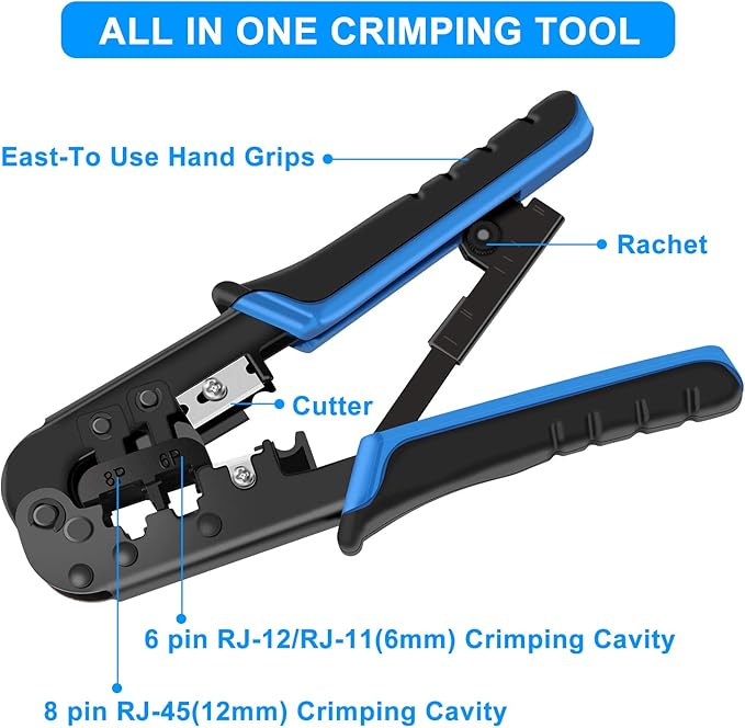 RJ45 Crimping Tool Kit Ethernet Crimp Set, RJ-11, 6P/RJ-12, 8P/RJ-45 Crimp, Cut and Strip with 20PCS CAT5 CAT5e Connectors, Covers,1 Network Cable Tester 1 Wire Stripper