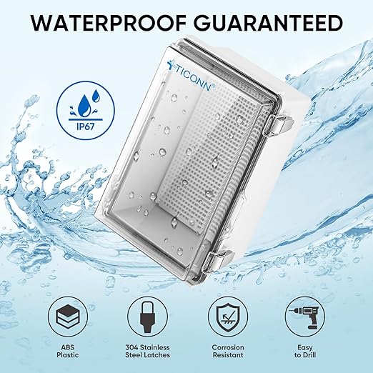 TICONN Outdoor Electrical Box Waterproof, Junction Box IP67 ABS Plastic Enclosure with Hinged Cover with Mounting Plate, Wall Brackets, Cable Glands (Clear, 10.2"x6.3"x3.9")