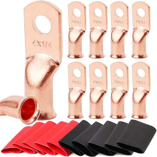TKDMR 10pcs 4 AWG-1/4 Battery Lugs,Heavy Duty Wire Lugs,Ring Terminals,Battery Cable Ends,0 Guage terminals,Battery Terminal Connectors with 10pcs 3:1 Heat Shrink Tubing