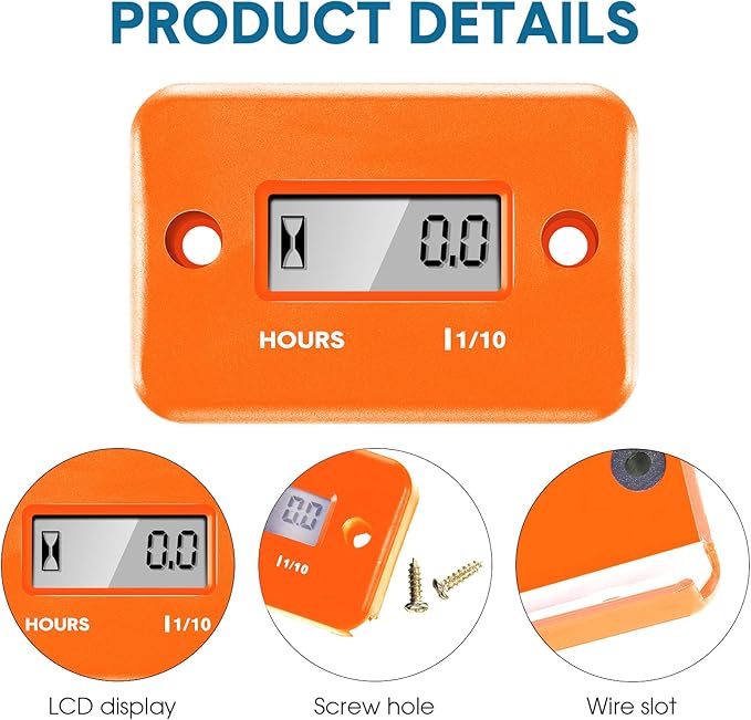 2 Pieces Inductive Hour Meter for Gas Engine Lawn Mower Dirt Bike Motorcycle Motocross Snowmobile Karting Marine ATV Boat Outboard Motor Generator Waterproof Hour Meters (Orange)