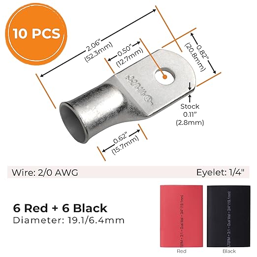SELTERM 10pcs - 2/0 Awg - 1/4" Stud - Battery Lugs - Ring Terminal Connectors with 12pcs 3:1 Black & Red Heat Shrink Tubing with Adhesive | Heavy Duty Battery Cable Ends - Tinned Copper Wire Lugs Kit