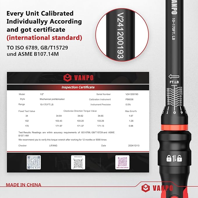 VANPO Torque Wrench 1/2-Inch Drive, 10-170.0ft.lb/13.60-230.5Nm,72 Tooth, TRP+ABS Plastic Handle, Click Torque Wrench with 1/2" to 3/8" Adapter & 125mm Extension Bar for Moto, Automotive Maintenance