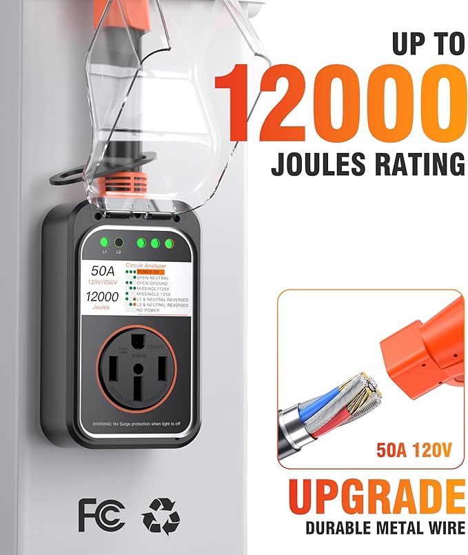 RV Surge Protector 50 Amp Waterproof, Upgraded 12000 Joules RV Power Protector （Safety-Certified）, RV Adapter Plug with Anti-Theft Cable Lock for Camper, Circuit Analyzer for Travel Trailers