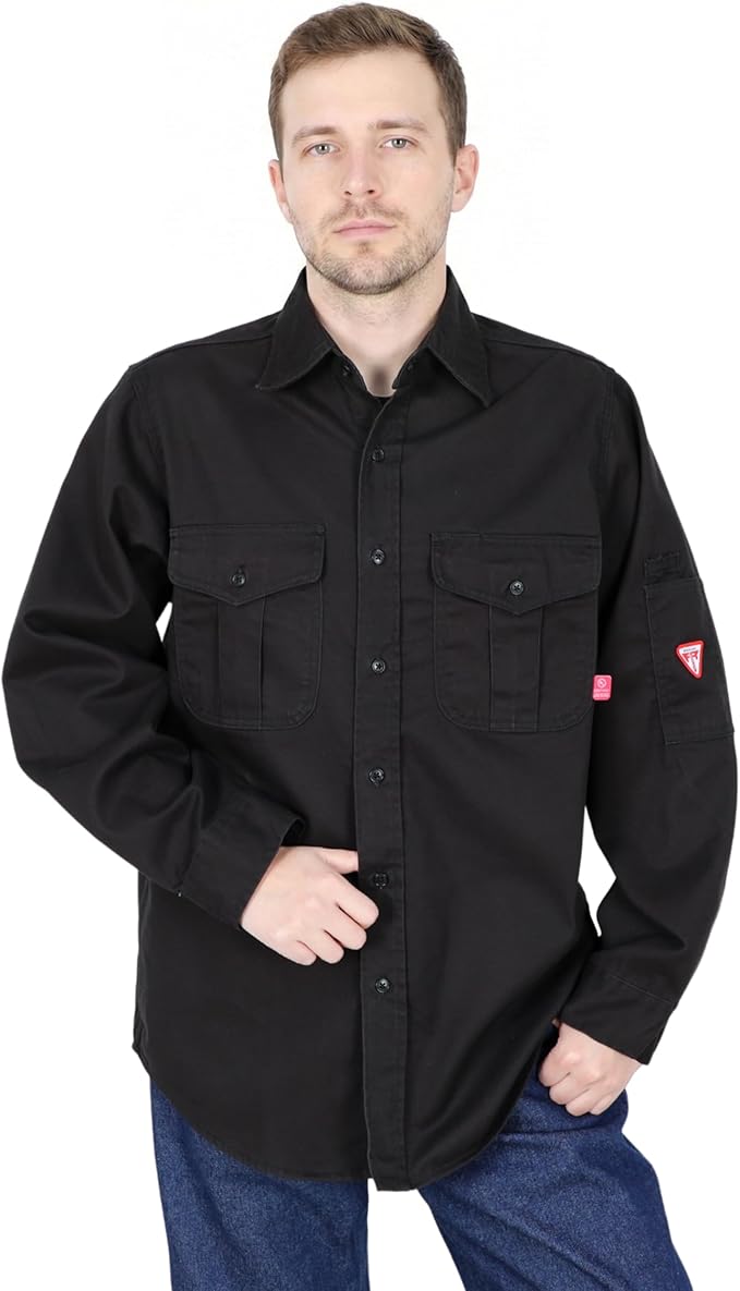 TICOMELA Men’s Mid-Weight FR Welding Shirt, 7.5oz 100% Cotton NFPA 2112 CAT2 – Flame-Resistant Button-Down Work Shirt