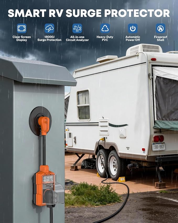 Kohree RV Surge Protector 30 Amp, 18000 Joules RV Power Surge Voltage Protection, RV Adapter Plug with Auto Shut Off LED Large Screen Real-Time Circuit Analyzer for Travel Trailers Camper-30A Orange