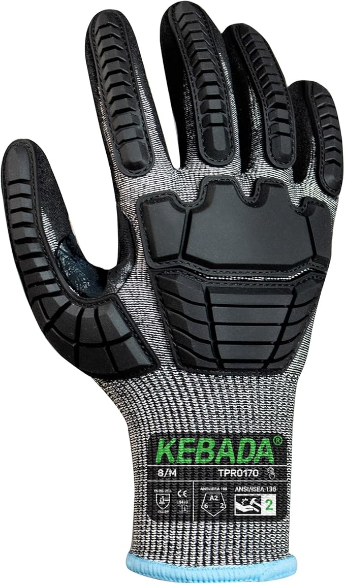 Kebada Impact Protection Gloves, ANSI A2 Cut Resistant Work Gloves with Grip, Touchscreen, Sandy Nitrile Coated