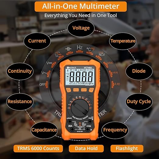 Neoteck 6000 Counts Digital Multimeter for DC AC Voltage/Current TRMS Voltmeter with Test Probe Auto Range Multimeter with NCV Live for Temperature Capacitance Resistance Diode Continuity-Orange